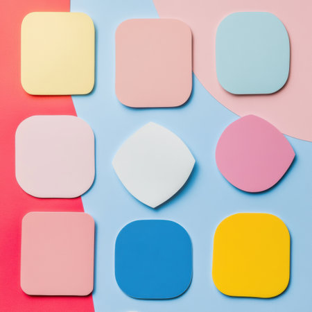 Arranged colorful minimalist label sticker shapes on a vibrant background offer creative spaces for adding personalized text or messages.の素材