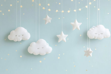 Stars and clouds gently hang from invisible strings against a blue background, providing a serene and whimsical atmosphere ideal for a nursery.の素材