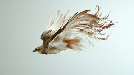 A hawk dives gracefully, its feathers contrasting beautifully against the white backdrop, showing a moment of agility.の素材