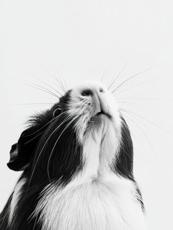 A fluffy guinea pig gazes upwards, showing its adorable whiskers and soft fur in a simple indoor environment with a clean white backdrop.の素材