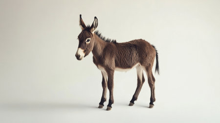 A charming mini donkey stands in a rustic pose against a clean white background, showing its unique features and tranquil demeanor.の素材