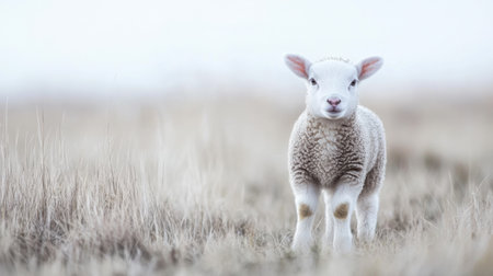 A young lamb is nestled in a short grass patch, surrounded by a serene and soft white background, creating a peaceful morning ambiance.の素材