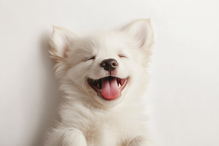 Corgi puppy with a big smile and its tongue out enjoys a playful moment in a bright white studio setting, radiating joy and energy.の素材