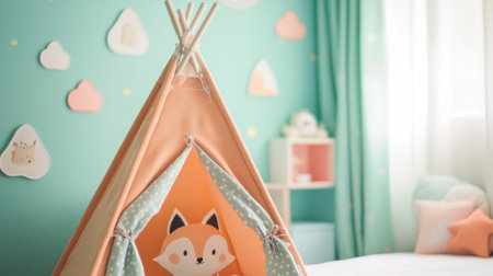 A playful little fox peeks from a soft pastel tent in a bright and inviting playroom adorned with whimsical decorations and soft lighting.の素材
