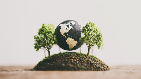 Minimalistic earth outline sits atop a small mound, surrounded by lush miniature trees, embodying a clean design focused on nature and environmental awareness.の素材