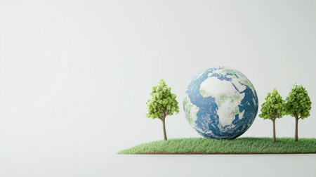 A clean design with a minimal earth outline and tiny trees in a serene setting highlights environmental awareness and sustainability.の素材