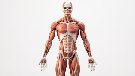Illustration of a medical skeleton with muscle structure on a white background, perfect for anatomy education in healthcare.の素材