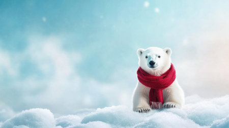 A small polar bear sits on a pastel ice field, draped in a cozy red scarf, embodying the tranquility of a calm winter day filled with soft snowflakes.の素材