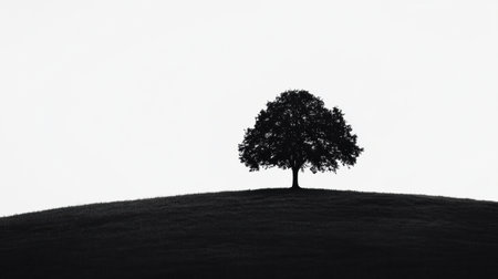 Silhouette of a lone tree stands tall on a hill, creating a minimalist aesthetic against a soft, monochromatic background during serene twilight.の素材