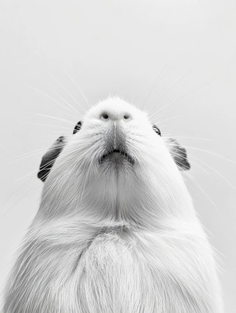Fluffy guinea pig looks up with whiskers prominently displayed, showing its adorable curiosity against a clean white backdrop.の素材
