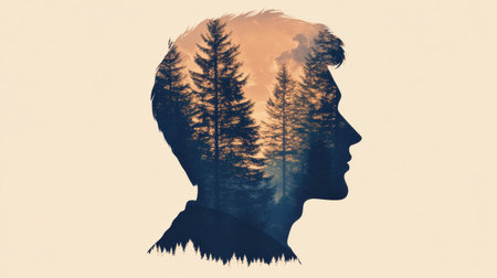 A silhouette of a human head blends seamlessly with a lush forest, illustrating a deep connection to nature and the power of thoughtful reflection.の素材