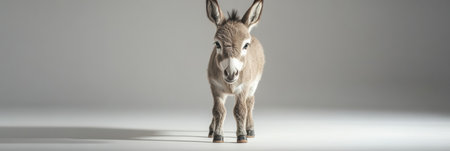 Mini donkey poses elegantly against a soft white backdrop, highlighting its playful nature and rustic charm in a serene environment.の素材