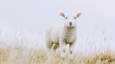 A young lamb stands calmly in a grassy area under a gentle white backdrop, evoking a peaceful and tranquil atmosphere.の素材