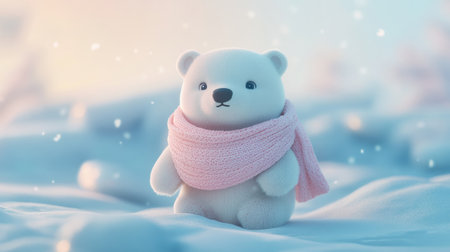 A small polar bear with a soft pink scarf stands on a calm pastel ice field, surrounded by gently falling snowflakes in a tranquil winter atmosphere.の素材