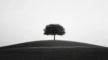 A solitary tree rises on a gentle hill, silhouetted against a pale backdrop, creating a serene and minimalist natural setting filled with tranquility.の素材