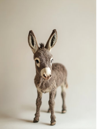 This adorable mini donkey stands confidently against a soft white background, illustrating its unique characteristics and rustic vibe perfectly.の素材