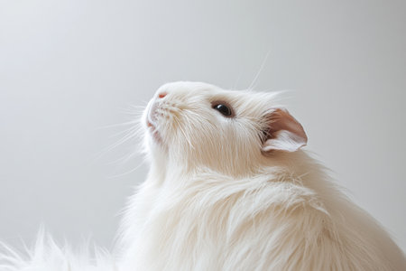 A fluffy guinea pig with soft fur looks upwards curiously against a clean white background in a cozy setting.の素材