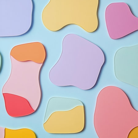 Various abstract-shaped sticker labels with colorful backgrounds are laid out on a light blue surface, offering spaces for personalized text entries.の素材