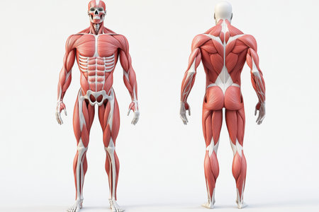 Detailed diagram of a medical skeleton with overlaid muscle structure, labeled for educational use, presented on a clean white background for clarity.の素材