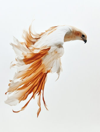 A hawk dives gracefully through the air, showcasing its majestic feathers flowing behind, creating a dynamic and powerful display against a blank backdrop.の素材