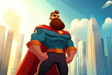 A bearded superhero in a blue costume with a red cape poses triumphantly against a colorful city skyline illuminated by sunlight and cloudsの素材