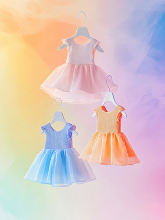 Tiny dresses in soft colors hang from minimal baby clothing hangers against a vibrant, dreamy background, showcasing a whimsical style for young children.の素材