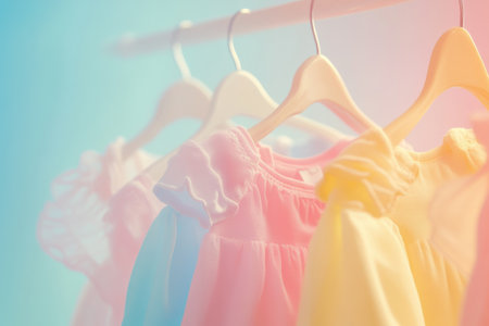 Tiny dresses and shirts hang on minimal baby clothing hangers, floating on a soft and vibrant background that creates a dreamy and clean atmosphere.の素材