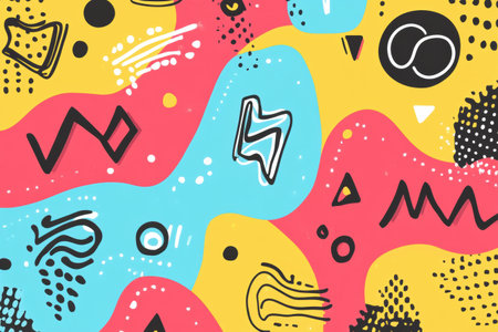 Bright and playful abstract shapes in Memphis style cover a colorful background, including zigzags, squiggles, dots, and triangles in bold colors.の素材