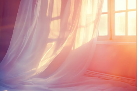 Soft sunlight streams through a delicate window, causing sheer curtains to flutter gently in a pastel morning atmosphere, creating a warm and inviting space.の素材