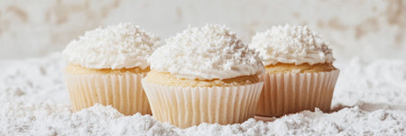 Soft pastel topped cupcakes arranged on a table with a textured surface, ideal for parties, celebrations, or special occasions in bright settings.の素材