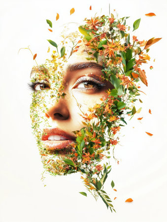 A stunning human face crafted from leaves, petals, and grass creates a seamless blend of nature and elegance in an artistic expression of harmony.の素材