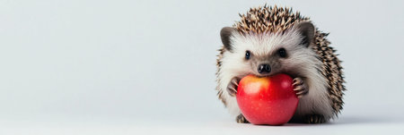 Cute hedgehog with spiky fur is holding a vibrant red apple, showing its adorable features in a bright studio setting with a white backdrop.の素材
