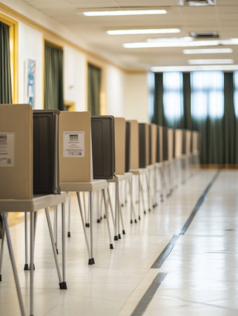 Empty voting space features neatly arranged booths and clear instructions, reflecting an atmosphere of anticipation for voters on election day.の素材