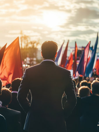 A leader stands before an enthusiastic crowd, flags soaring in the wind as they deliver a heartfelt speech during a pivotal political moment at sunset.の素材