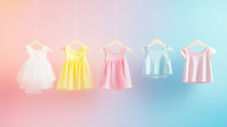 Minimal baby clothing hangers showcase an array of tiny dresses and shirts suspended in the air against a vibrant, dreamy backdrop, creating a clean look.の素材