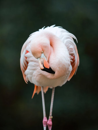 Flamingo stands elegantly on one leg, showing its stunning pink and white feathers as it rests with its head tucked, surrounded by soft colors.の素材