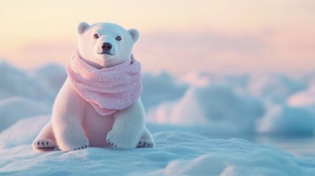 Soft pastel hues reflect on the ice as a small polar bear adorned with a cozy scarf sits peacefully, embodying winters tranquil beauty.の素材