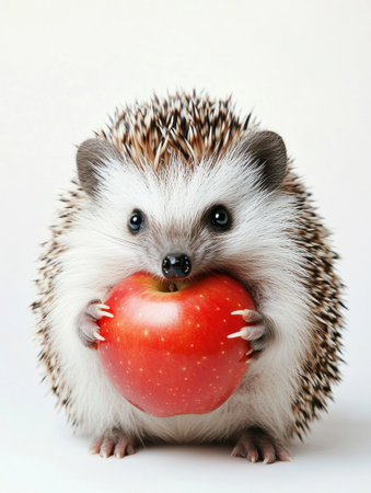 A charming hedgehog is happily grasping a bright red apple, showing its adorable features and soft spines in a well-lit studio setting.の素材