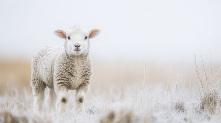 A young lamb stands in a short grass area, its fluffy wool contrasting with the soft white background, creating a serene, peaceful atmosphere.の素材
