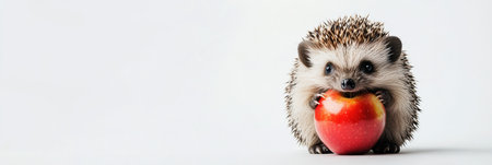 A small hedgehog playfully holds a shiny red apple, highlighting its adorable features and spiky fur against a white backdrop.の素材