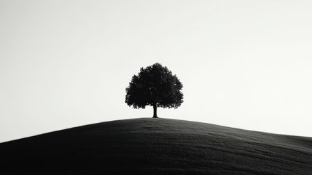 A solitary tree stands atop a gentle hill, its silhouette sharply contrasting with the expansive, muted sky during twilight, creating a serene atmosphere.の素材