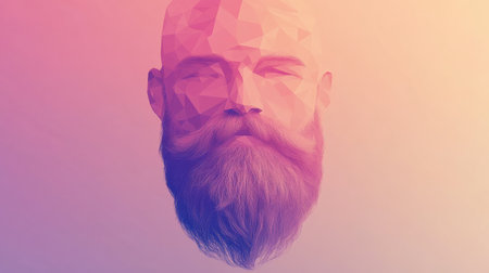 This unique low-poly geometric beard design stands out against a soothing gradient background, showing modern artistic flair and creativity.の素材
