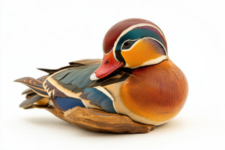 A mandarin duck relaxes, showcasing its vibrant plumage against a white background that highlights its intricate patterns.の素材