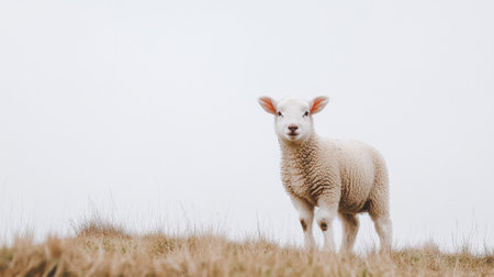 A young lamb stands in a patch of short grass with a soft white background, embodying tranquility in natures simplicity on an overcast day.の素材