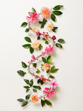 A double helix structure composed of vibrant flowers and leaves visually represents the concept of organic evolution, merging biology and art seamlessly.の素材