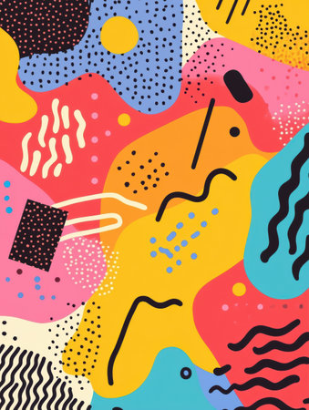 Bright, playful Memphis style abstract shapes blend together with zigzags, squiggles, and dots on a colorful background, perfect for contemporary art lovers.の素材