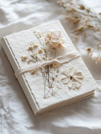 The cream-colored journal, elegantly tied with ribbon, features pressed flowers and rests softly on a light fabric background, evoking a serene atmosphere.の素材