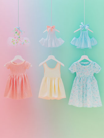 Minimal baby clothing hangers showcase tiny dresses and shirts, creating a whimsical and clean environment with a soft, vibrant backdrop.の素材