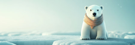 A small polar bear with a cozy scarf rests on an icy landscape, surrounded by tranquil pastel tones and a serene winter atmosphere in the backgroundの素材