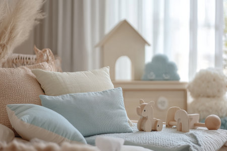 Soft pillows and natural wooden toys create a cozy corner in a pastel nursery, designed for comfort and warmth, ideal for children's play and rest.の素材